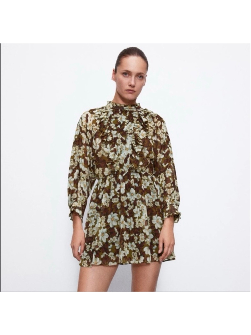 ZARA Floral Ruffle Mini Romper XS Brown White summer Bloggers Favorite Oversize - Picture 1 of 16